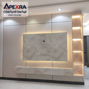 ديكور خلفيات شاشات بديل رخام مع ادراج جانبية باضاءة ليد