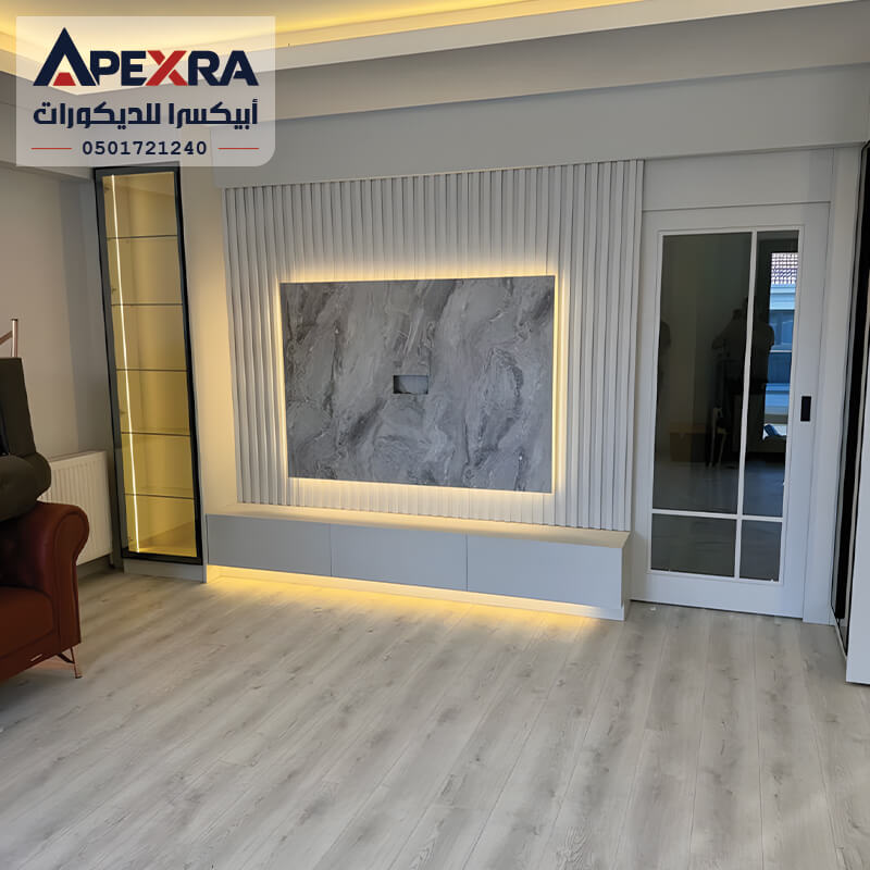 ديكور خلفية شاشة بديل رخام مع شرائح الخشب